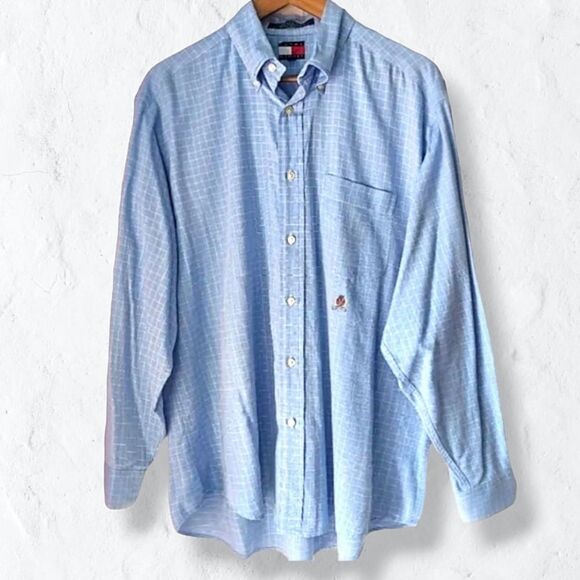 Tommy Hilfiger Blue Windowpane Checkered Button-down Dress Shirt Sz M - Picture 1 of 11